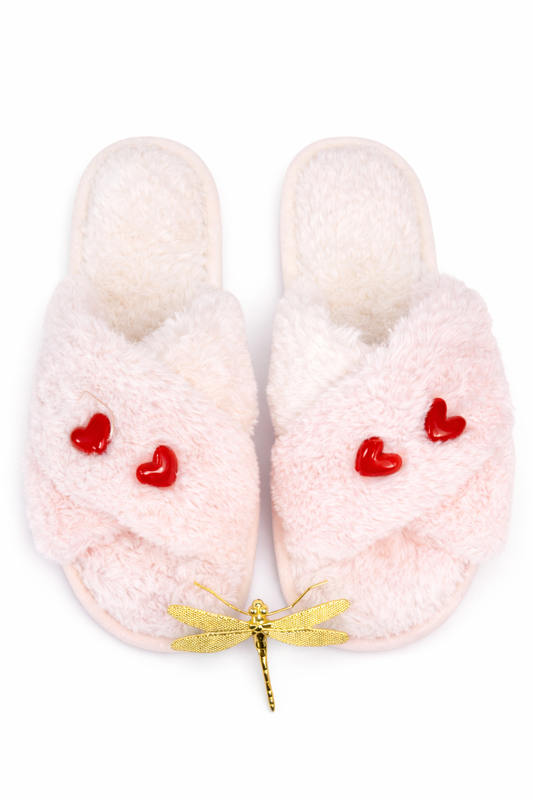 Pantuflas Suaves Rosa con Corazones Rojos – Cómodas y Calentitas